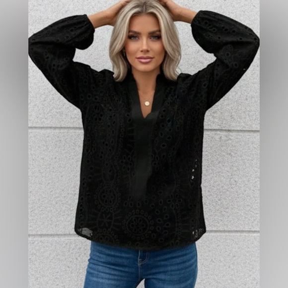 Notched Neckline Lantern Sleeve Eyelet Embroidery Blouse Black - Picture 3 of 10